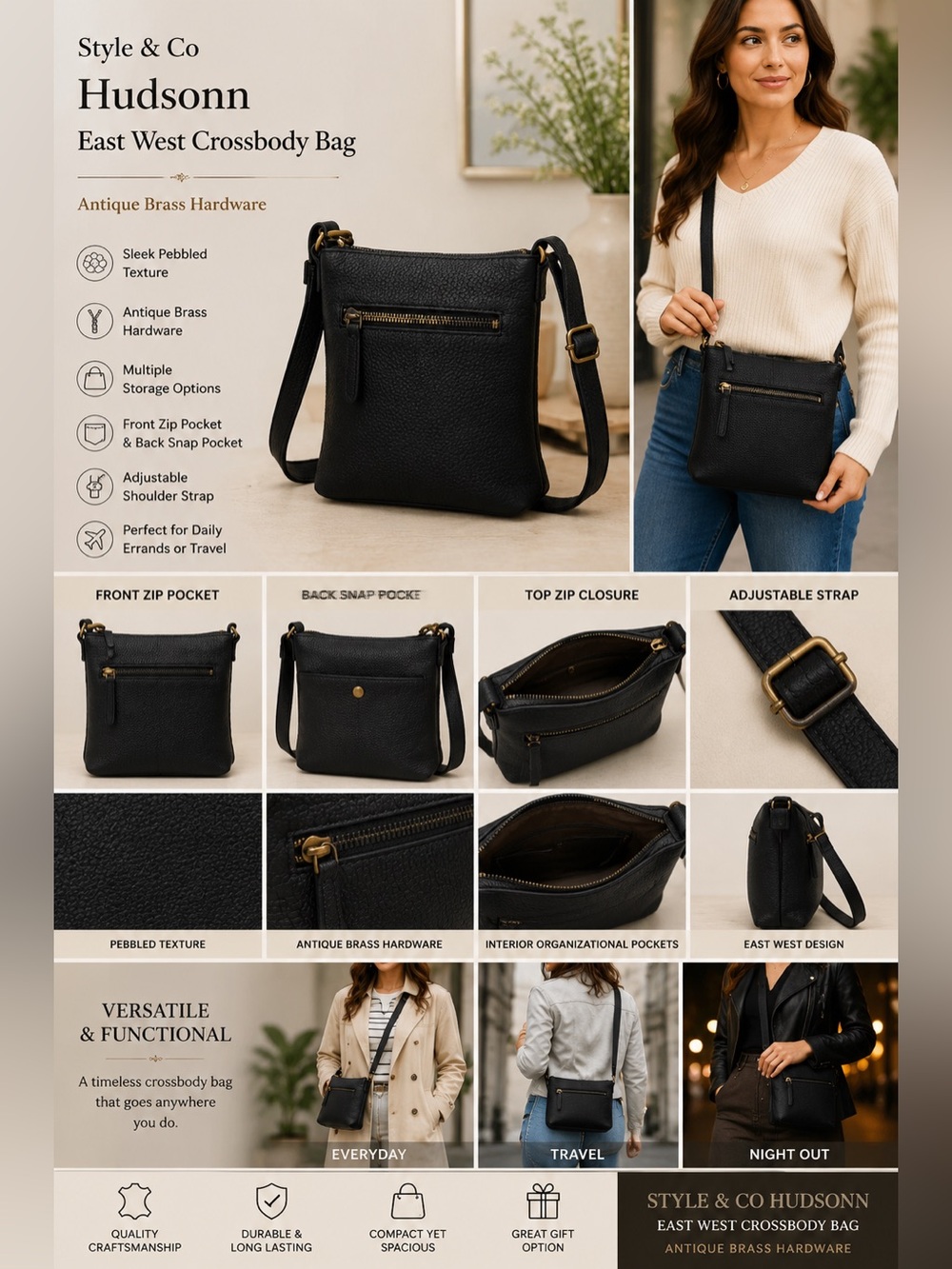 Style & Co Hudsonn Black East West Crossbody Bag Antique Brass Hardware NEW